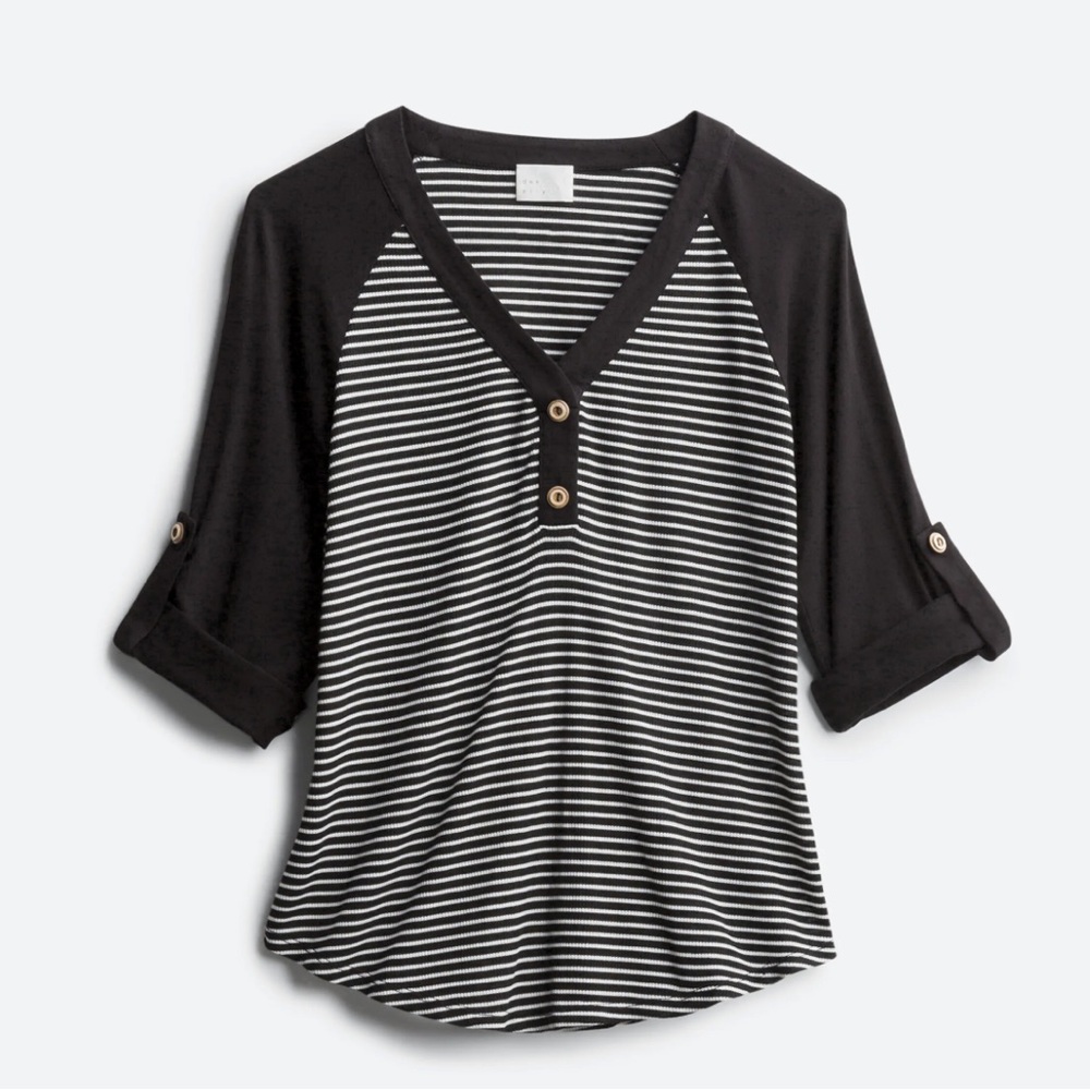 StitchFix Dee Elly Annika Raglan Henley Knit Top Black White Stripes Size Large